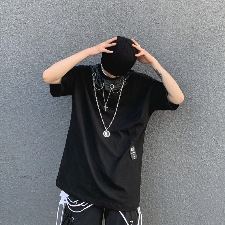 A Jet-Black Jewel: Summer Men's New Gothic Style Dark Black Short Sleeve t-shirt with a chain necklace on it from Maramalive™.