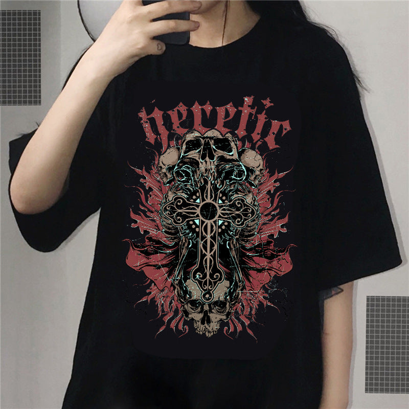 A man wearing a Maramalive™ Men And Women Gothic Style Print Round Neck Loose T-shirt Short Sleeve with a skull print.