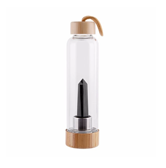 A Crystal Infused Water Bottle with a wooden lid and a note, by Maramalive™.