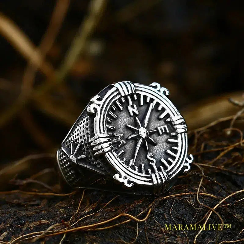 316L Stainless Steel Viking Cross Compass Runic Pirate Men's Ring Nautical Fashion Jewelry