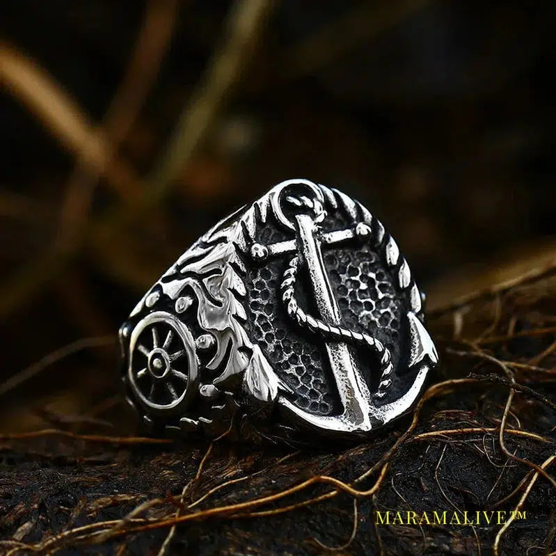 316L Stainless Steel Viking Cross Compass Runic Pirate Men's Ring Nautical Fashion Jewelry