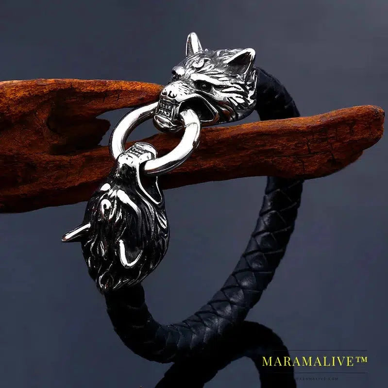 316L Stainless Steel Wolf head norse viking amulet thor hammer men leather bracelet viking king7