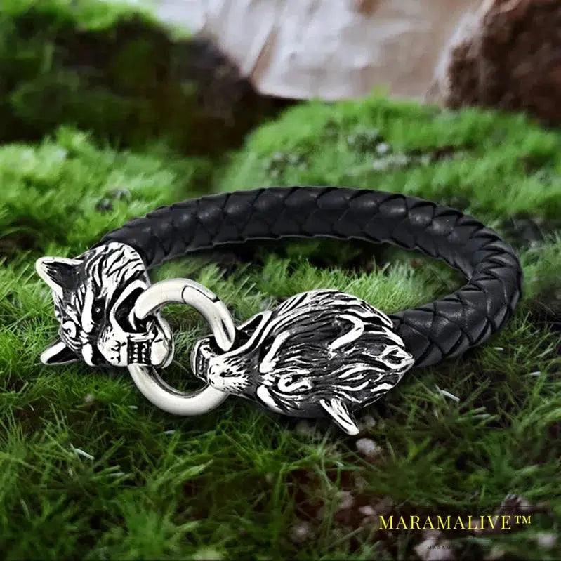 316L Stainless Steel Wolf head norse viking amulet thor hammer men leather bracelet viking king7