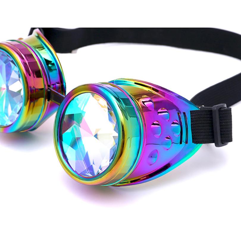 A pair of Steampunk kaleidoscope Cosplay goggles with multi colored crystals by Maramalive™ fashion goggles clothing with street photography trend.