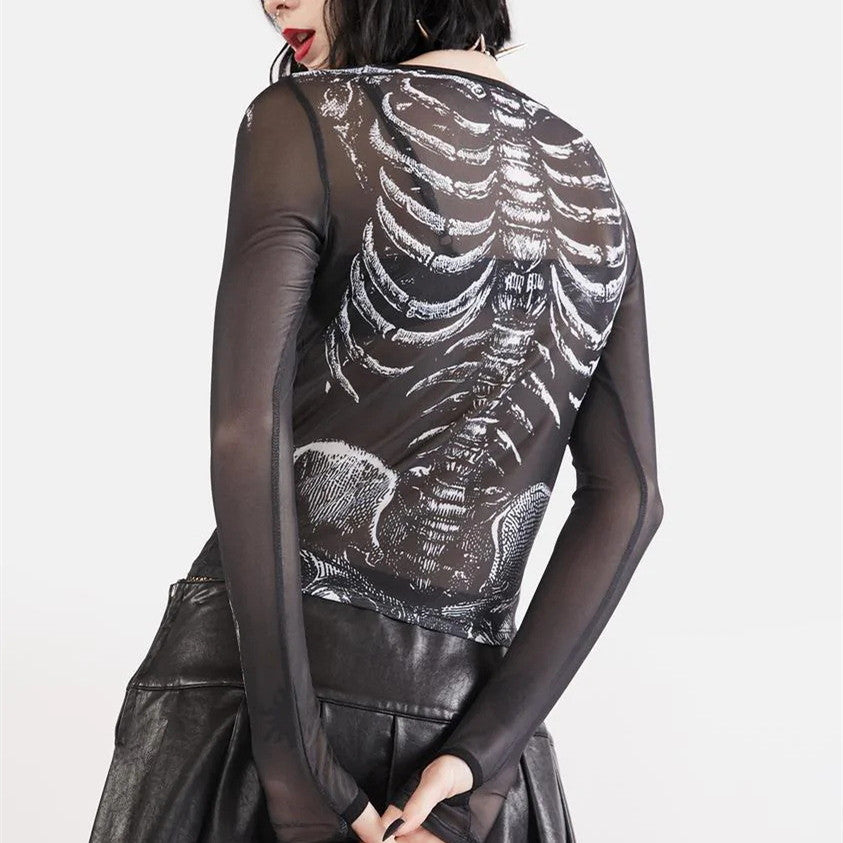Women's Fashion Long Sleeve Mesh Skeleton Print Top