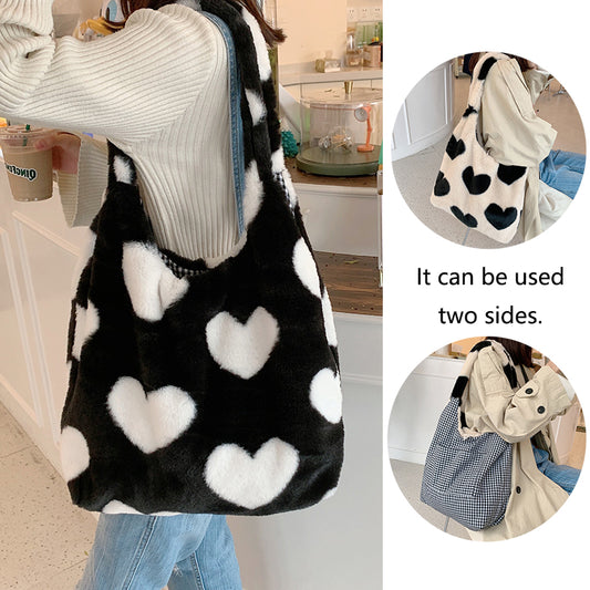 Love Heart Shoulder Bags Double Side Used Winter Underarm Bag Women