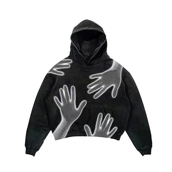Introducing the Maramalive™ Men's Punk Design Printed Hoodie: a black hooded sweatshirt featuring a striking design of multiple white handprints on the front. With its slim fit, it’s perfect for those chilly days when you want to make a bold statement in style.