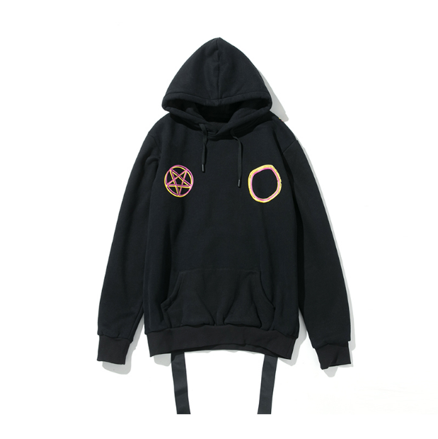 A Maramalive™ MAGICIAN HOODIE with a front pocket and drawstrings, featuring a multicolored pentagram design on the left chest and a simple circular geometric pattern on the right chest, perfect for street style.