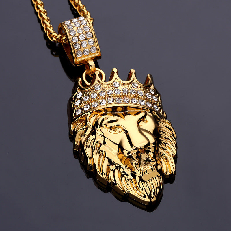 A Maramalive™ Hip Hop Animal Lion King Crown Pendant Necklace Man Steampunk Gold Color Alloy 75cm Chain Inlay Rhinestone Fashion Jewelry WE02 with a lion head on it.