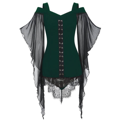 A black and green Maramalive™ Gothic Swing Sleeve Irregular Panel Chiffon Shirt with lace sleeve.