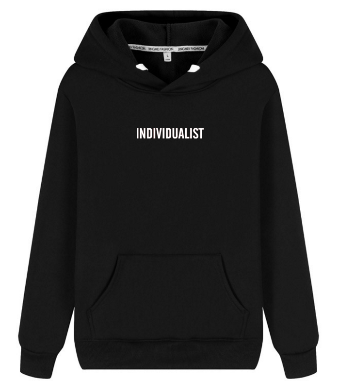 A black hooded sweatshirt with front pouch pocket and the word "INDIVIDUALIST" printed in white on the chest. Check our size chart for the perfect fit. Introducing the Maramalive™ Hoodie Print hoodie for your style needs.
