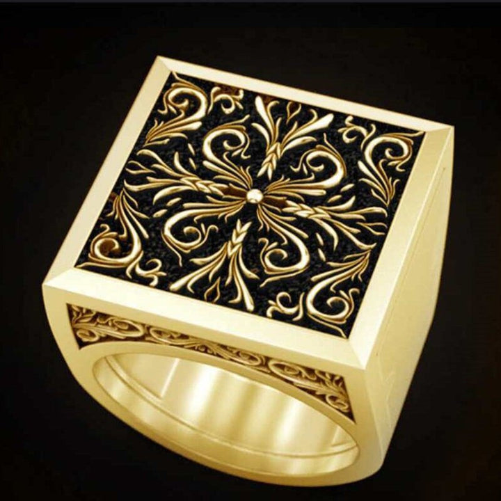 An ornate Vintage pattern hollow ring with geometric black and gold designs by Maramalive™.