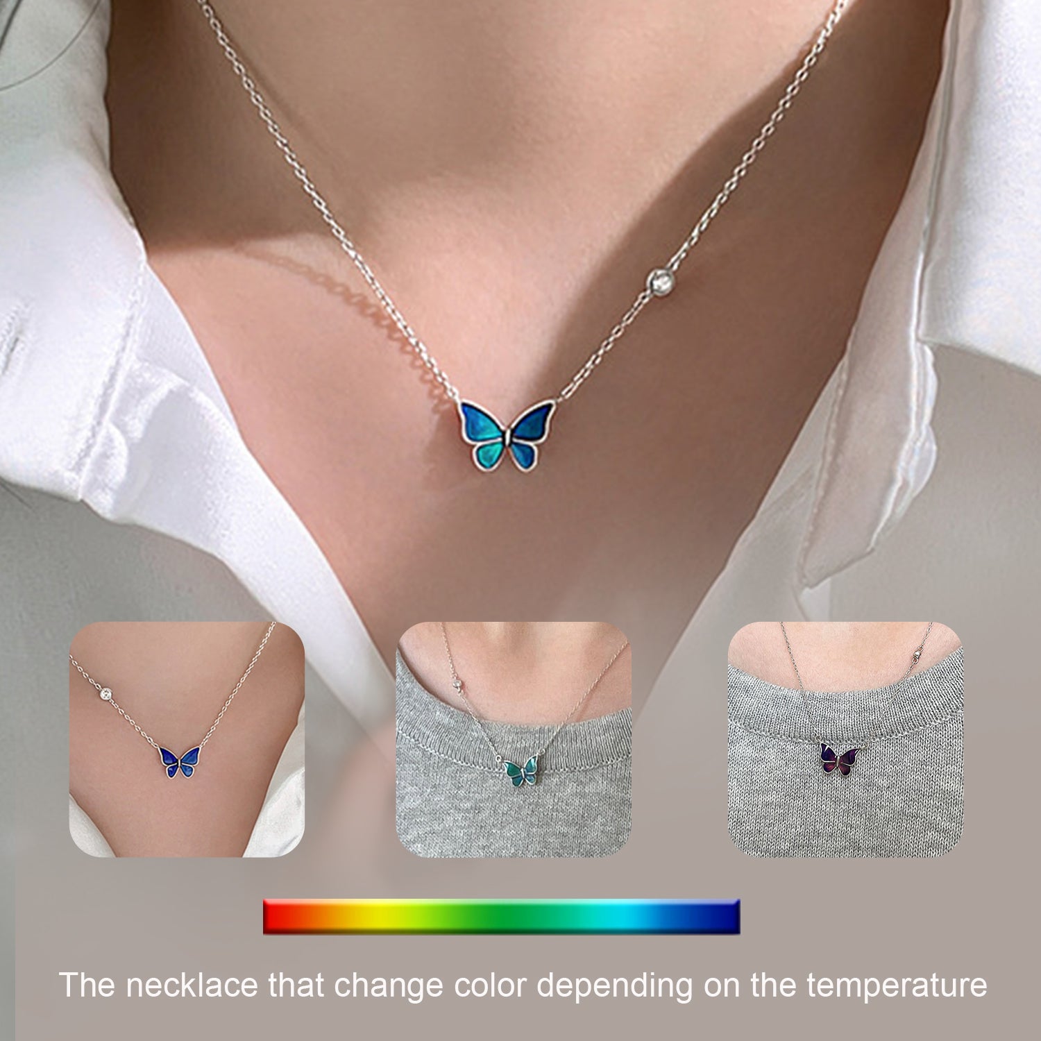 A Maramalive™ S925 Sliver Color-changed Butterfly Necklace Fashion Novelty Jewelry that changes color based on the temperature.