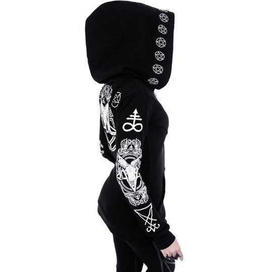 A rebellious woman donning a Wicked Wonder Hoodie - Gothic Punk Print Hoodies Sweatshirts Women Long Sleeve in her punk rock dream. (Brand: Maramalive™)