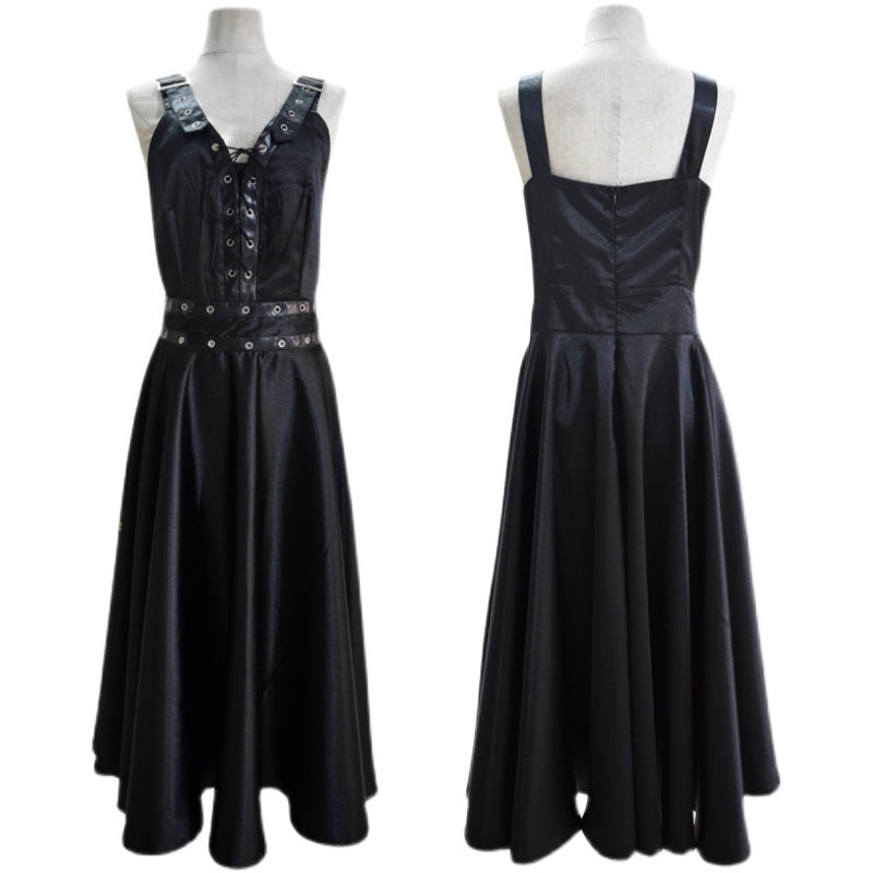 A Maramalive™ Gothic Shoulder Suspender Dress with black straps and a black belt.