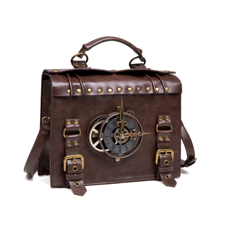 A Maramalive™ steampunk industrial retro style shoulder bag For the Steampunk Fan inside you with a clock on it.