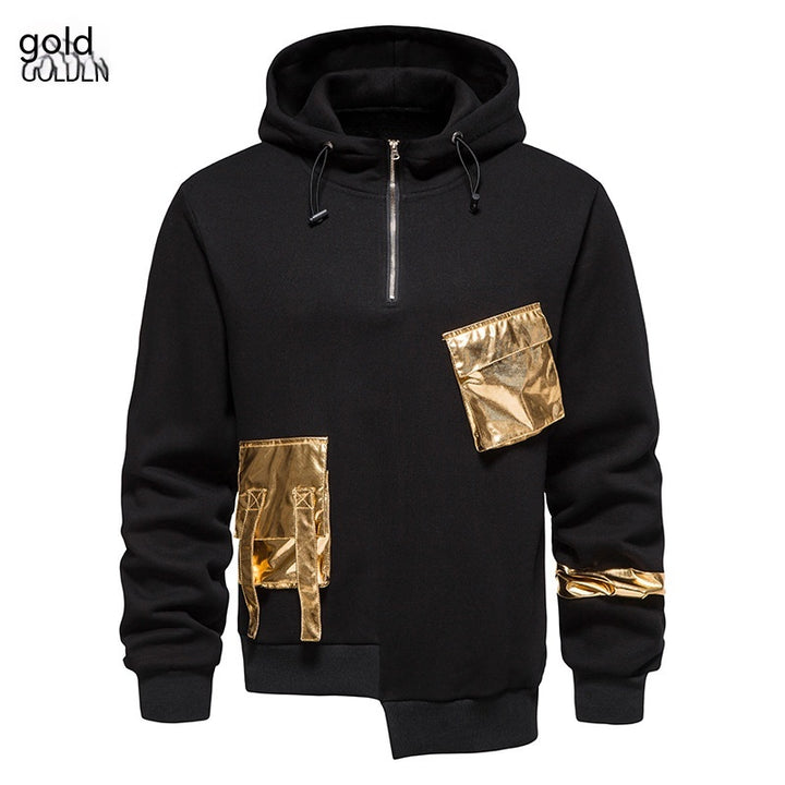 Black, long sleeve Men's Loose Dark Hoodie with a half-zip front, featuring asymmetrically placed metallic gold patches and straps on the chest and left sleeve. Made from durable polyester fiber, it showcases the "Maramalive™" logo in the upper left corner.