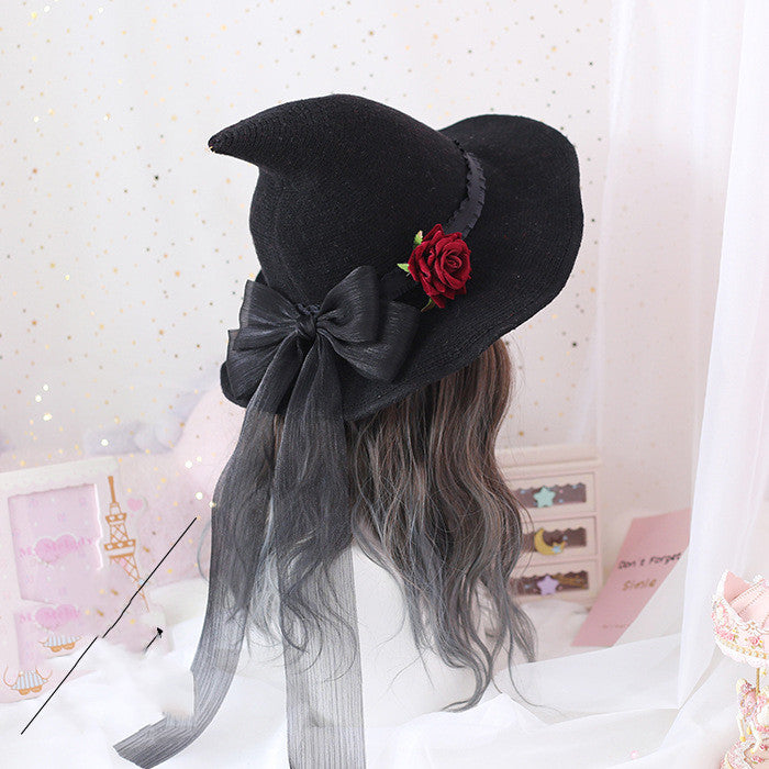 A Maramalive™ Lolita Halloween Retro Witch Hat Masquerade Rose Big Bow Wizard Hat Gothic Magical Girl Hat Cosplay Accessories Party Decor - perfect for Halloween parties and as a spooky gift.