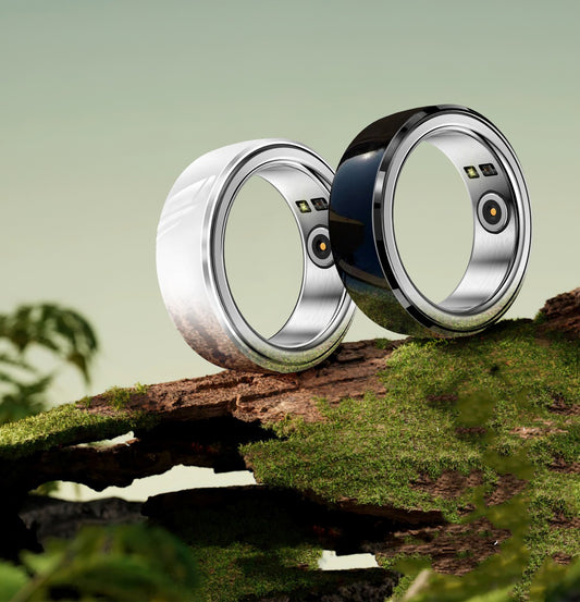 Two Maramalive™ Ring Blood Pressure Heart Rate Sleep Monitoring rings sitting on top of a piece of moss.