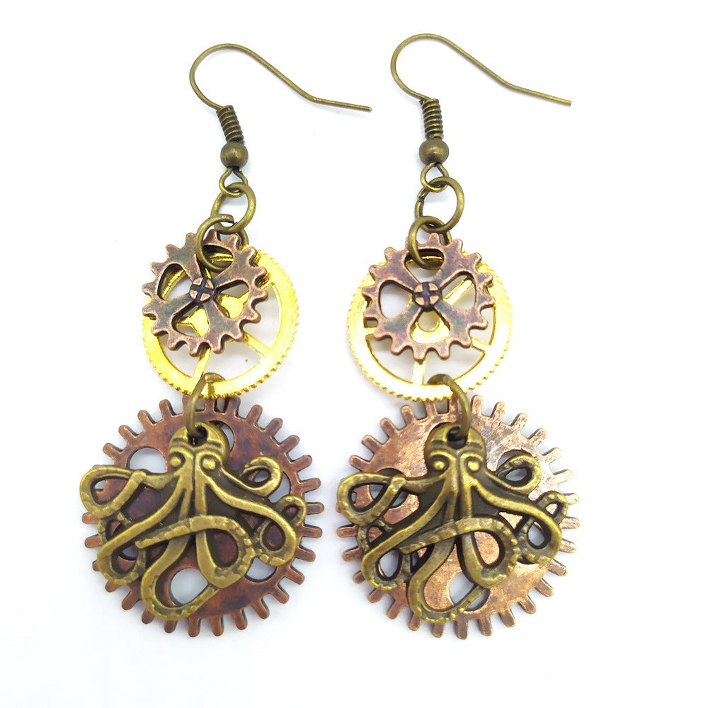 A group of four Maramalive™ Three-color Gear Octopus Steampunk Earrings.