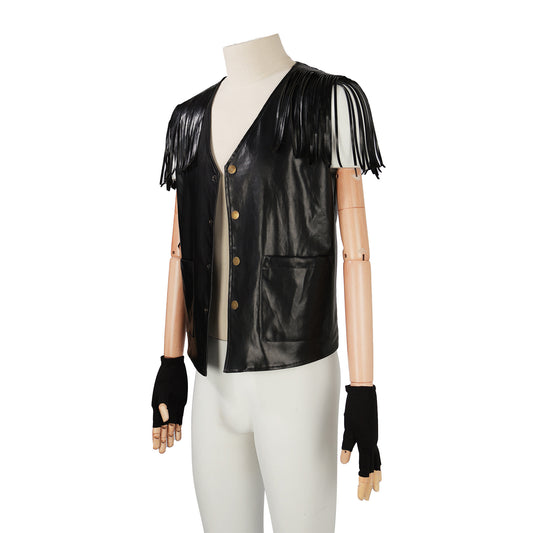 A mannequin dons a sleeveless black leather vest with fringe details on the shoulders, specifically the European Retro Vest For Men by Maramalive™, paired with black fingerless gloves and white pants, embodying a touch of Harajuku style.