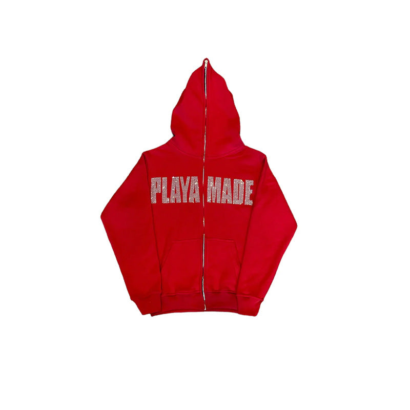 Red hooded sweatshirt with the words "Playa Made" in bold white letters on the back, crafted from durable polyester, perfect for the street hipster vibe. Introducing the Maramalive™ Letter New Long-sleeve Zipper Hoodie Fashion Casual Punk Coat Sweatshirt.