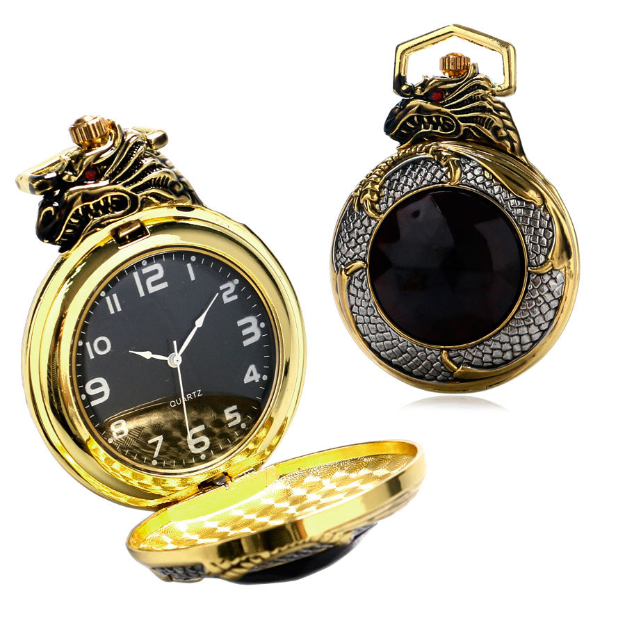 a Maramalive™ Creative golden dragon pocket watch with a large red stone in the center.