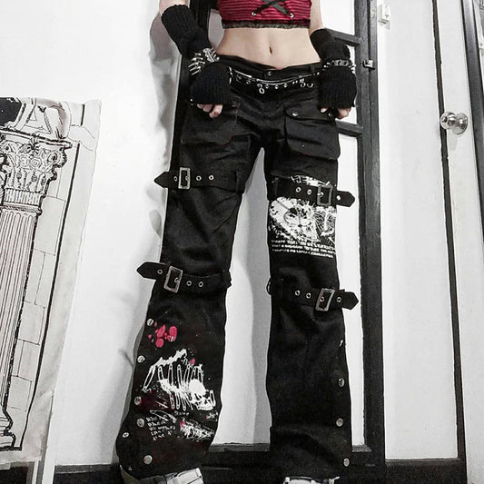 Little Devil Punk Style Leather Buckle Graffiti Black Jeans Wide-leg Slim Straight-leg Pants Trousers