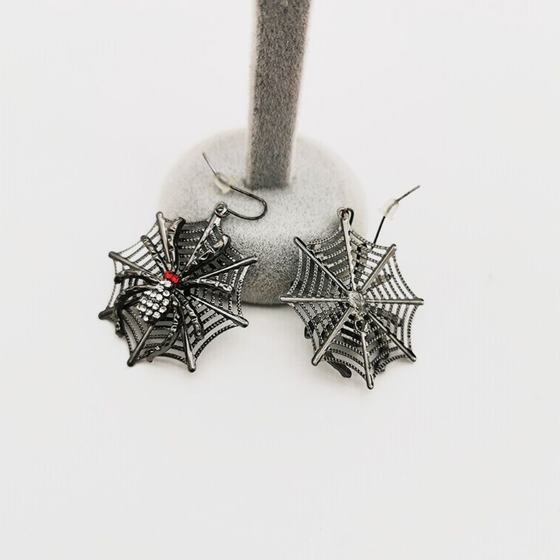 A close up of a person wearing CJ's Gothic Punk Black Spider Web Drop Earrings Halloween Party Accessories Jewelry Gifts for Women.