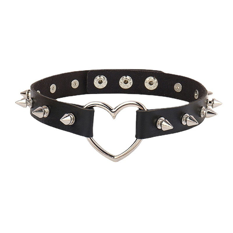 Punk Faux Leather Choker - Gothic Spiked Heart Necklace Black