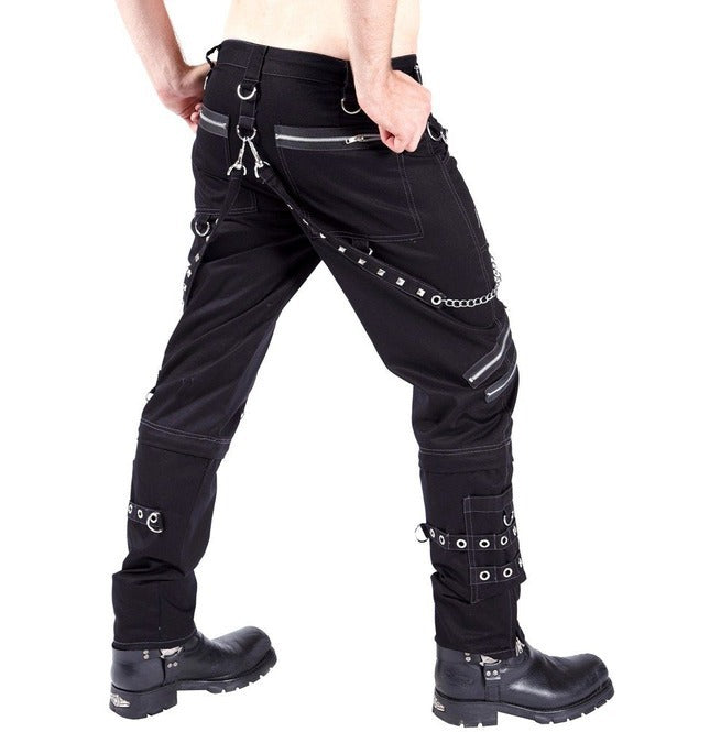 A punk man wearing black Personality Casual Pants Men's Gothic Pants from Maramalive™ with chains.