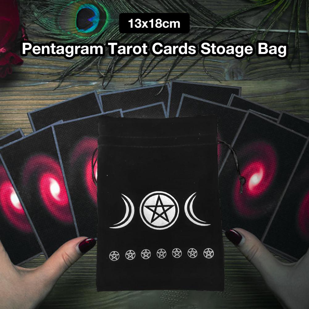 A black drawstring Tarot storage bag with three pentagrams on it, by Maramalive™.