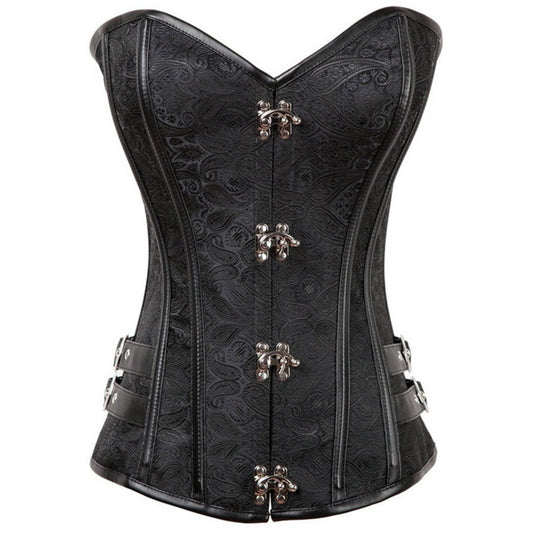 A Maramalive™ Jacquard Gothic Vintage Corset Court with silver buckles providing waist support.