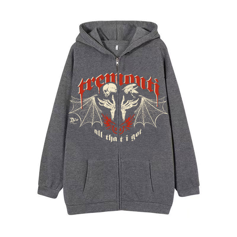 Gray zip-up hoodie with a dark style featuring two skeletons back-to-back with bat wings, and red Gothic-style text reading "premonition" above and "all that i got" below. Perfect for those seeking a gothic hip hop sweatshirt vibe. The Men's Skull Zippered Hoodie: The Ultimate Hooded Top by Maramalive™ is exactly what you need.