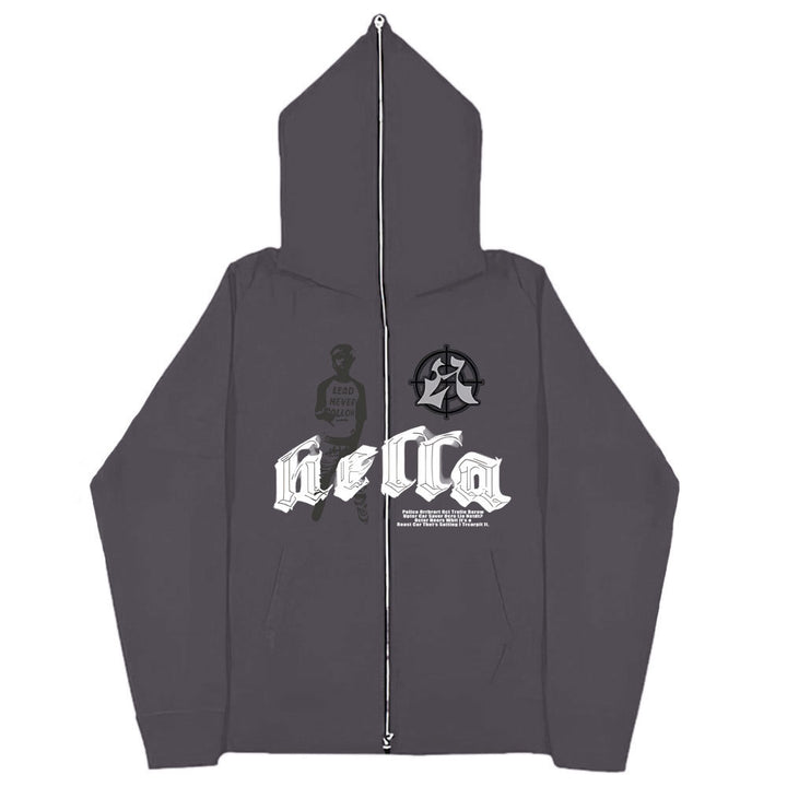 A fashionable Hoodie Heartbeats: A Fashionable Fit for Two - Men's And Women's Hoodies Gothic Zipper Sweatshirt with the word hella on it by Maramalive™ brand.