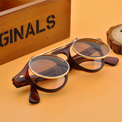 A pair of Maramalive™ Double flip round retro steampunk sunglasses with a leopard print pattern.