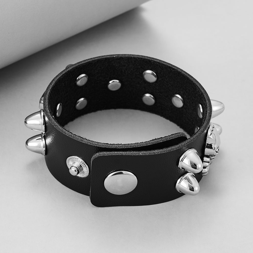 A fashionable Maramalive™ Round Rivet Gothic Bracelet Hip Hop Dark Skull Head Leather Bracelet adorned with skulls and spikes.