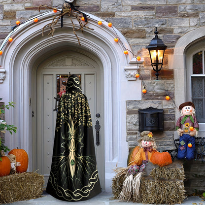 Person in a detailed, Maramalive™ 1pc, Nordic Style Viking Goddess Wiccan Wicca Halloween Wizard Witch Hooded Robe Cloak Christmas Hoodies Cape Cosplay For Adult Men Women Party Favors Supplies Dresses Clothes Gifts Costume featuring a tree design stands in front of a decorated Halloween entrance with pumpkins, scarecrows, and string lights.