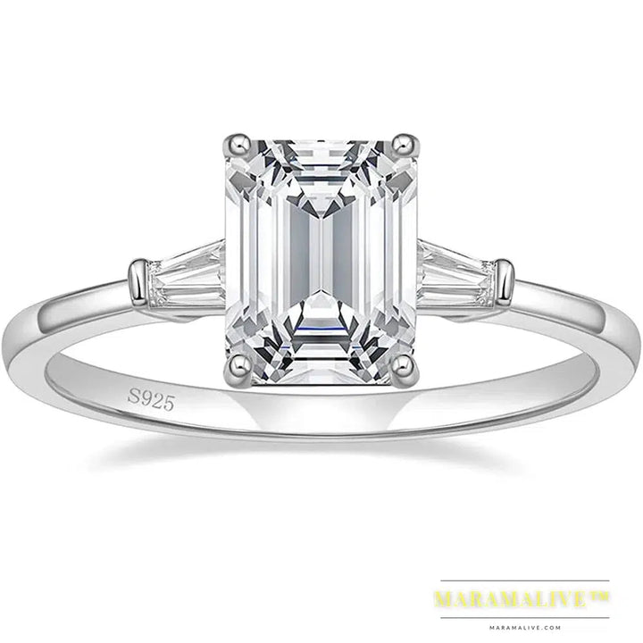 3CT 925 Sterling Silver Engagement Rings 3-Stone Emerald Cut Cubic Zirconia Wedding Promise Rings for Women Gft Jewelry