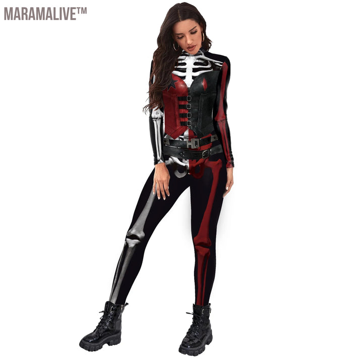 3D Pattern Catsuit Women Sexy Long Sleeves Jumpsuit Halloween Gothic Skull Clothes Sets Skeleton Bodsuit