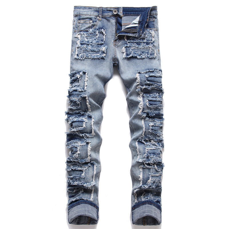 Foreign Trade Style Punk Trendy Blue With Holes Slim Stretch Hole Patch Pencil Pants Men's Jeans