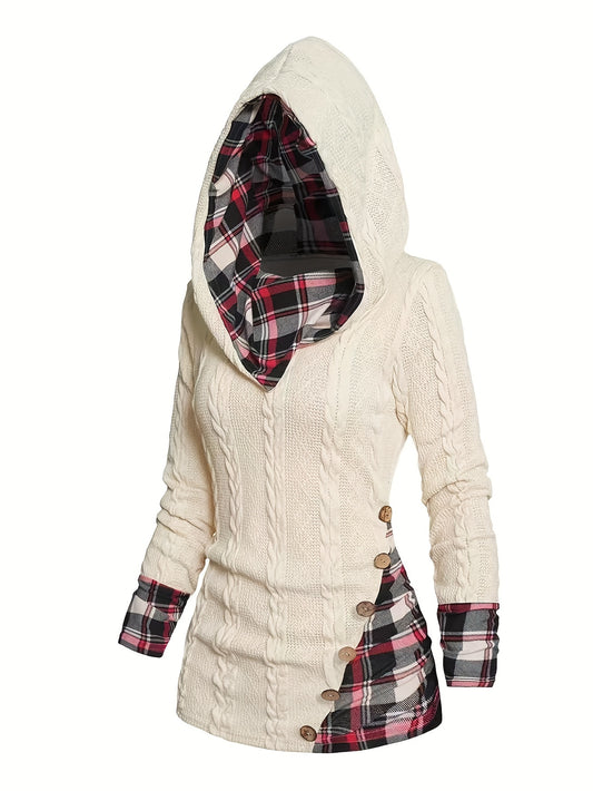 A Maramalive™ Plus Size Casual Top, Women's Plus Colorblock Plaid Print Cable Button Decor Long Sleeve Hoodie with a gingham-patterned lining in the hood and plaid trimmed cuffs, featuring cable-knit detailing and side decorative buttons, perfectly suited for a casual style.