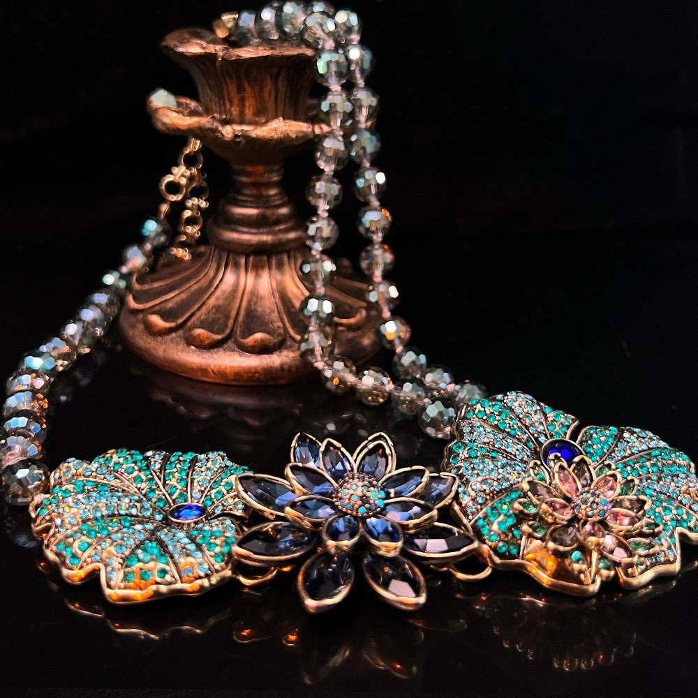 Vintage Antique Flower Necklace | Gem encrusted Flowers on Beaded Chain