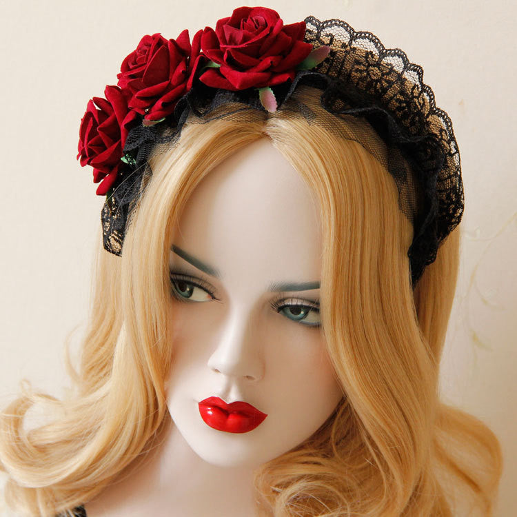 A mannequin with a Wanchristmas Court Black Lace Gothic Lolita Witch Maid Cute Mother Wide Headband by Maramalive™ on her head.