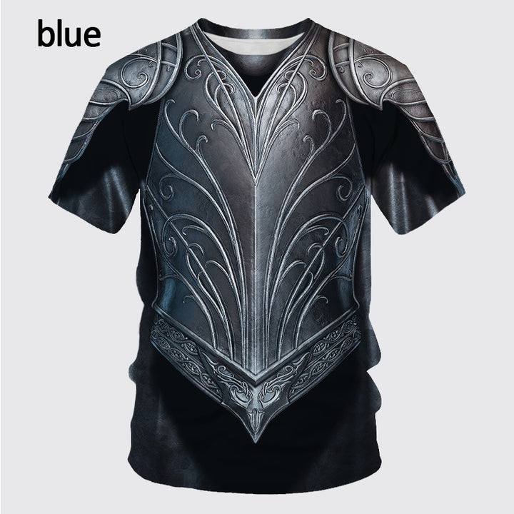 A Maramalive™ Design Logo3D Digital Printing Men's T-shirt Round Neck Short Sleeve with a design resembling intricate medieval armor in shades of blue and gray, crafted from high-quality polyester fiber.