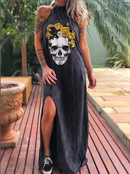A woman wearing a Maramalive™ Slim Fit Midi Dress With Printed Skull.