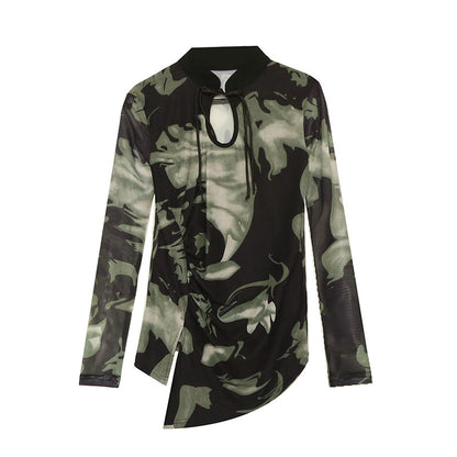 Retro Style Printed Voile Long Sleeve Top