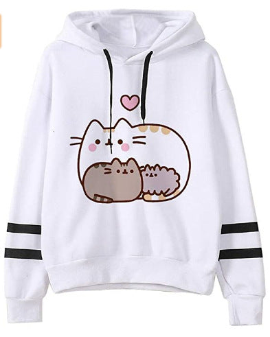 White, cozy, and comfortable Maramalive™ Cozy Loose Fit Hoodies for Snug, Comfortable Warmth featuring an illustration of three cartoon cats and a pink heart, with black stripes on the sleeves. Crafted from soft fleece fabric for that relaxed fit hoodie feel.