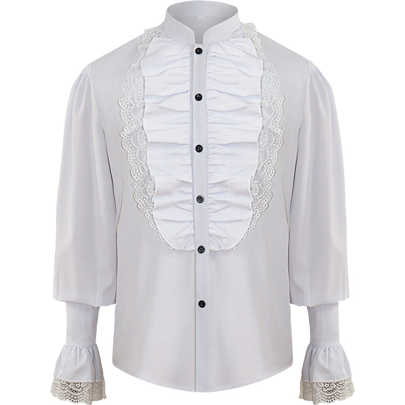 White dress shirt with ruffled front and lace detailing on the collar and cuffs. The long-sleeved, cotton blend Men's Pleated Pirate Shirt Medieval Renaissance Cosplay Costume Steampunk Top by Maramalive™ features black buttons down the front.