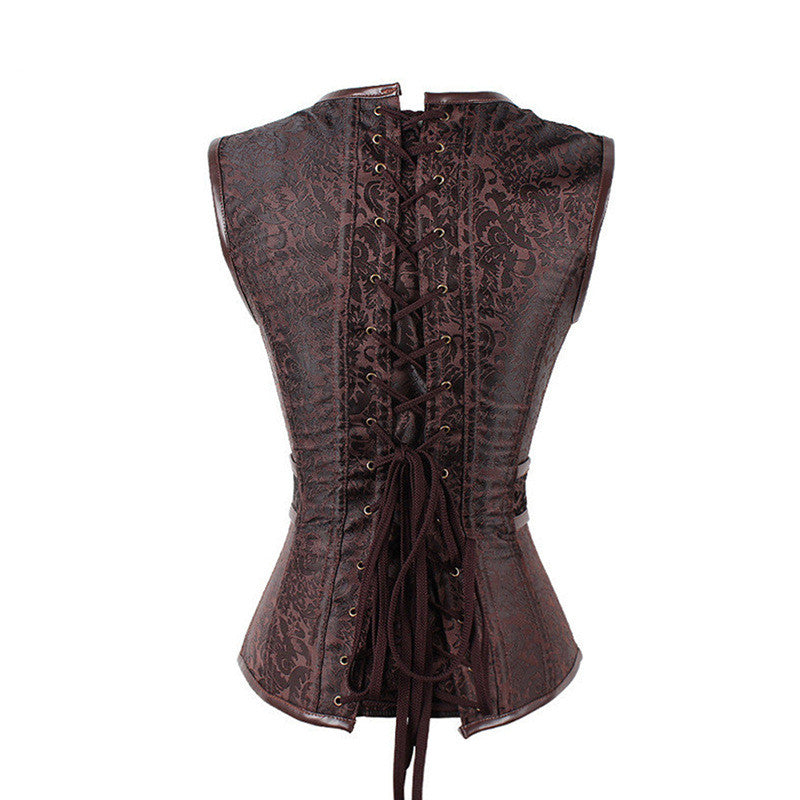A woman wearing a Maramalive™ European Medieval Victoria Steampunk Gothic PU Pattern corset.